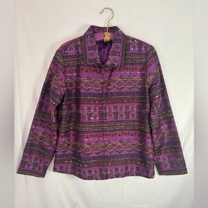 VTG Purple Textured Jacquard Southwest Lightweight Boho Zip Up Jacket Size L